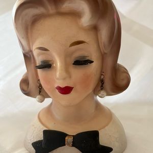 Vintage Lady head vase Teen blonde hair with black bow on dress